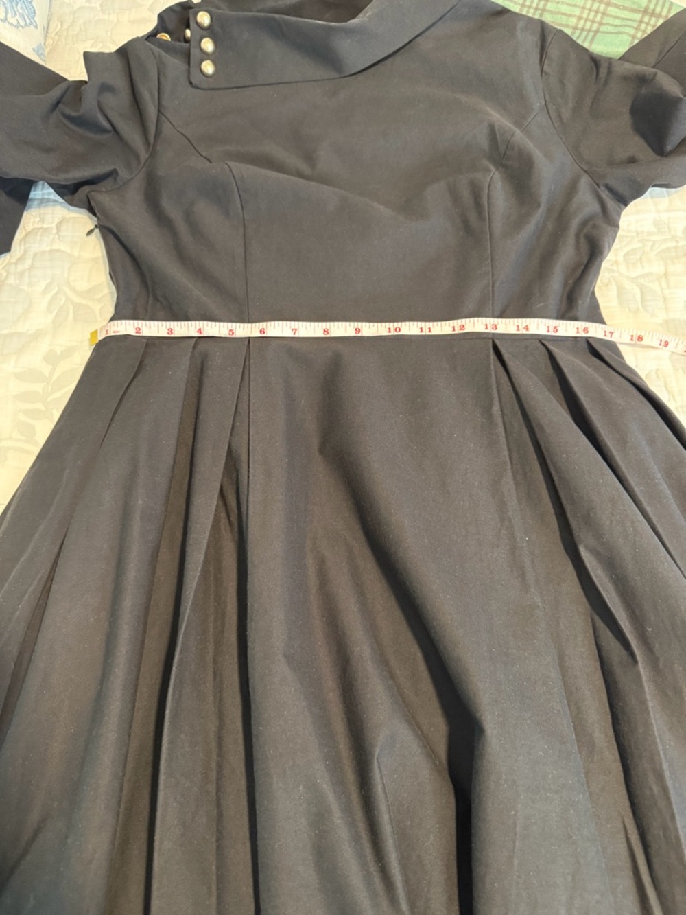 Elegant Black Midi Fit-and-Flare Dress with Buttoned Asymmetrical Neckline #144 - Picture 6 of 9
